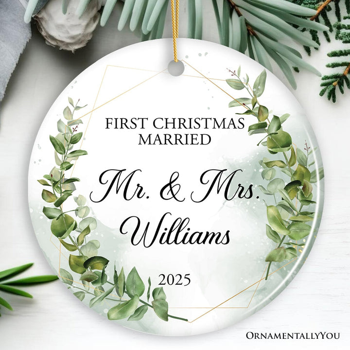 Personalized First Christmas Married as Mr and Mrs Ornament, Elegant Gift with Custom Last Name Ceramic Ornament OrnamentallyYou Circle