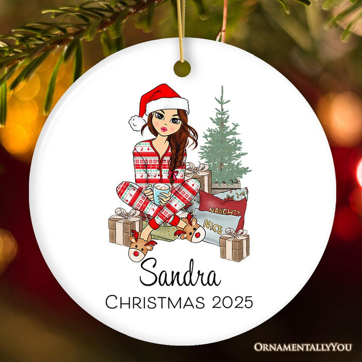 Personalized Girly Girl Christmas Ornament, Black, Blonde, Brown Brunette, and Red Hair Ceramic Ornament OrnamentallyYou Circle
