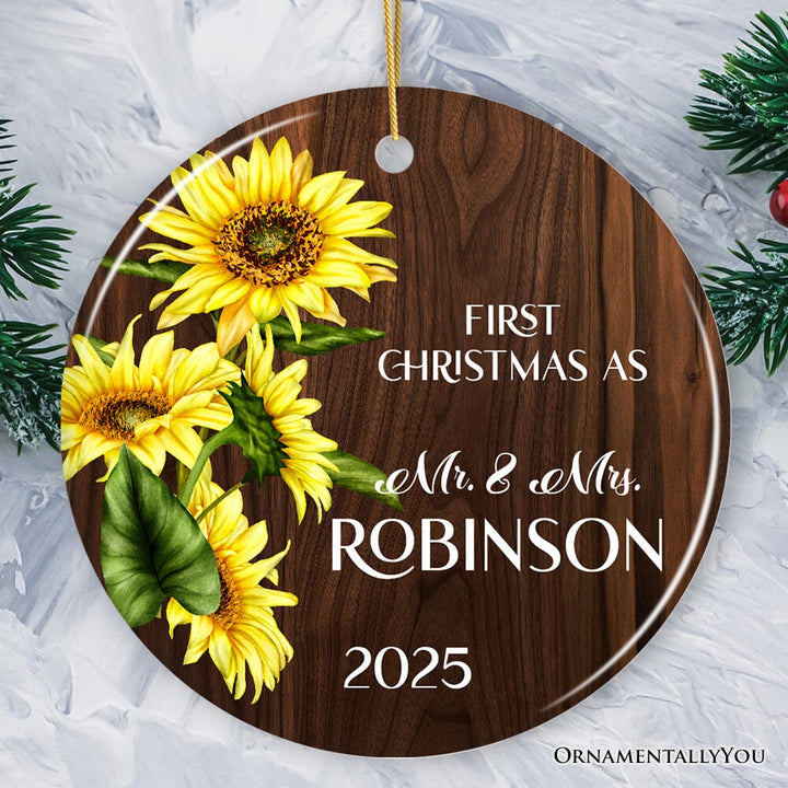 First Christmas as Mr and Mrs Rustic Sunflower Personalized Christmas Ornament, Wedding Couple Gift Ceramic Ornament OrnamentallyYou Circle