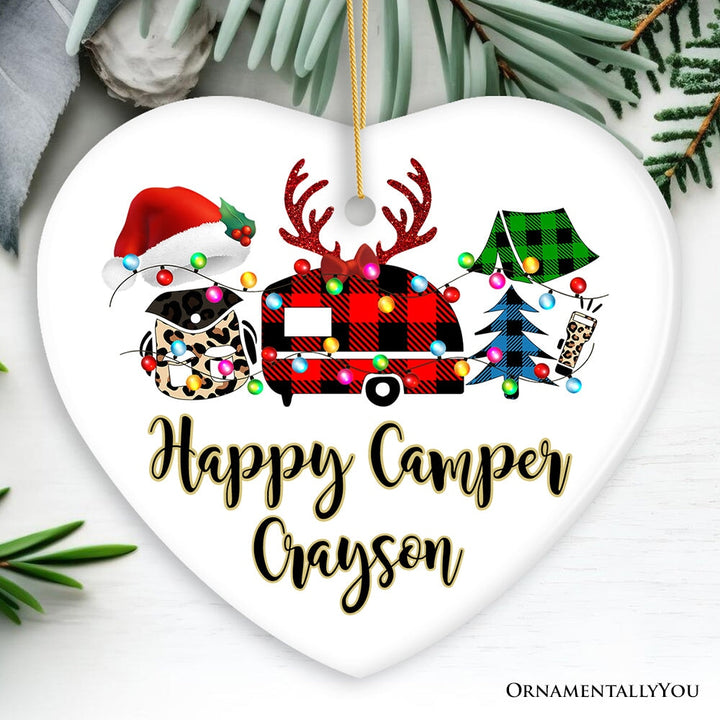 Personalized Camp Buffalo Plaid Leopard Merry Christmas Ornament, Camping Friends Gift Ceramic Ornament OrnamentallyYou Heart