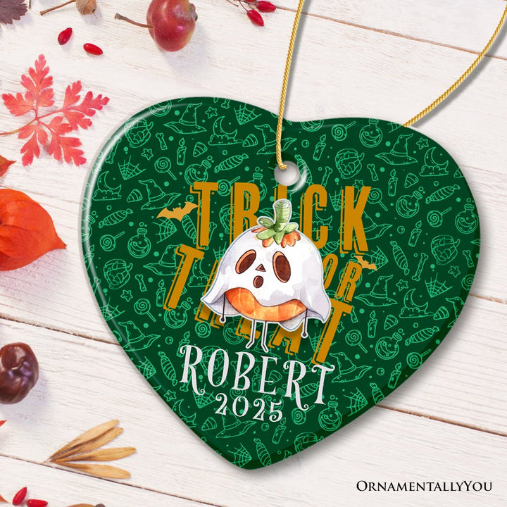 Trick or Treat Spooky Cute Kids Custom Ornament, Halloween Ghost and Pumpkin Children’s Gift Ceramic Ornament OrnamentallyYou Heart