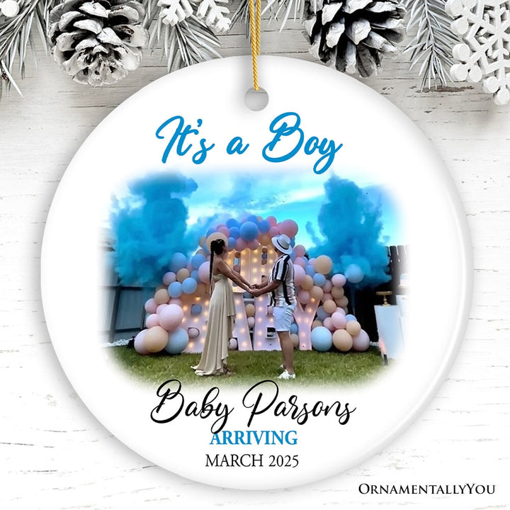 Baby Gender Reveal Personalized Photo Ornament, It’s a Boy or Girl Announcement, Small Baby Shower Gift Ceramic Ornament OrnamentallyYou Circle
