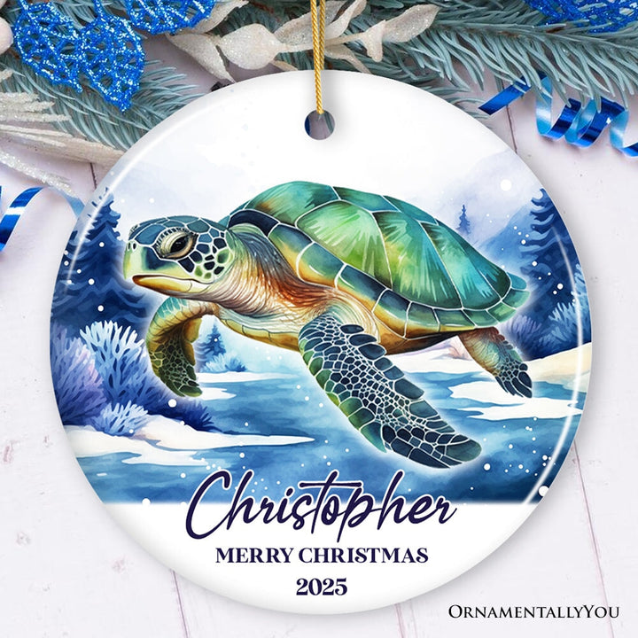 Green Turtle Personalized Ornament, Festive Christmas Gift With Custom Name and Date Ceramic Ornament OrnamentallyYou Circle