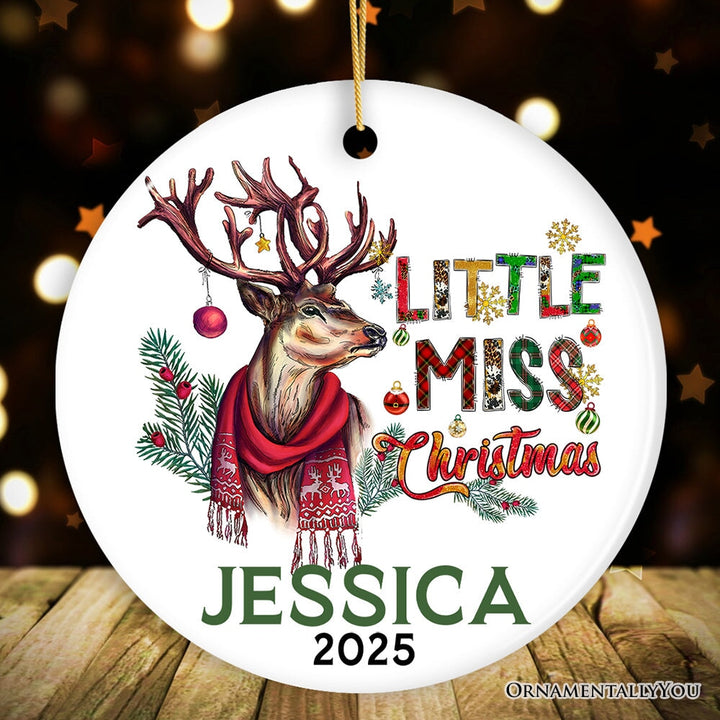 Artistic Little Miss Christmas Personalized Ornament, Deer Keepsake Custom Gift Ceramic Ornament OrnamentallyYou Circle