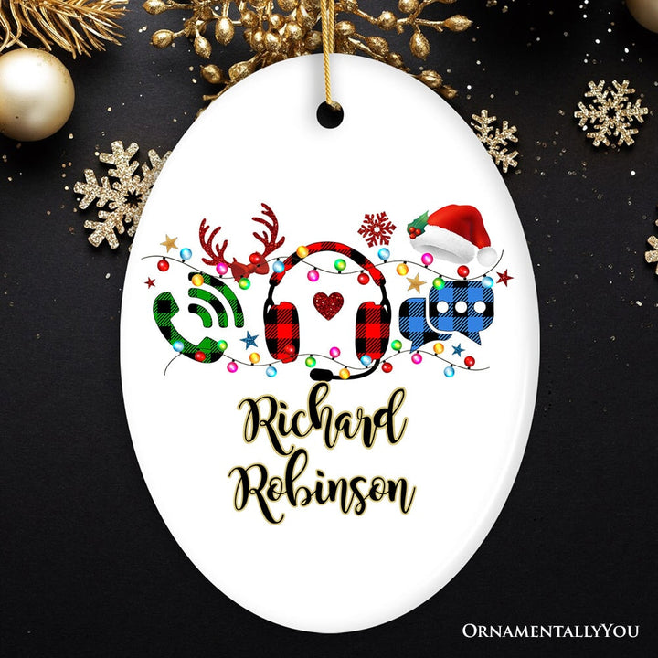 Personalized Customer Service Representative Buffalo Plaid Leopard Merry Christmas Ornament Gift Ceramic Ornament OrnamentallyYou Oval