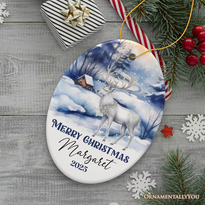 Winter Wonderland White Deer Personalized Ornament, Majestic Christmas Gift Ceramic Ornament OrnamentallyYou Oval