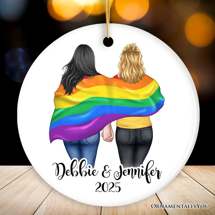 Gay Pride Women Couple with Rainbow Flag Personalized Christmas Ornament, LGBT and Lesbian Activism Ceramic Ornament OrnamentallyYou Circle