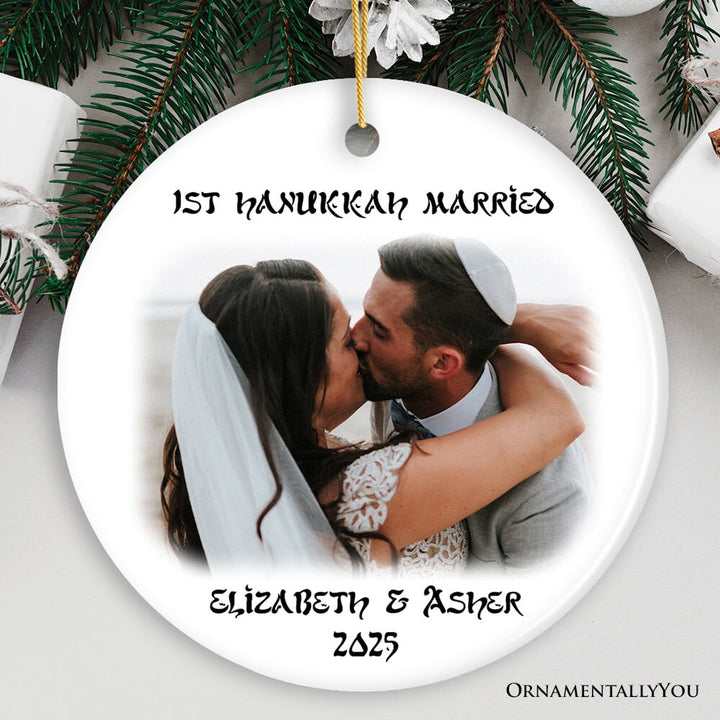 First Hanukkah Married Personalized Photo Ornaments, Engagement Gift Ceramic Ornament OrnamentallyYou Circle