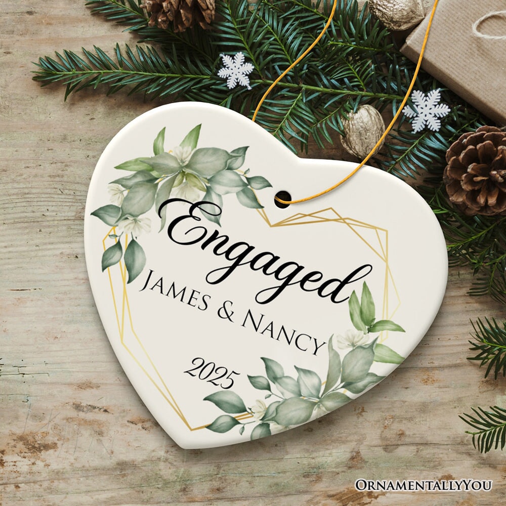 Personalized Engaged Ornament with Heart Flower Frame, Custom Name and Date Gift for Couple Ceramic Ornament OrnamentallyYou