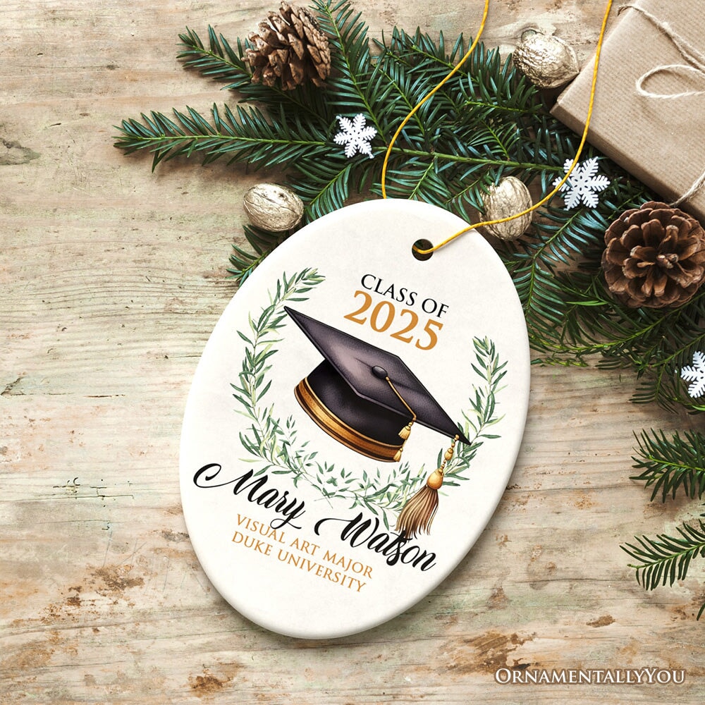 Customized Student Name and Graduation Cap Ornament, University School Graduate Gift Ceramic Ornament OrnamentallyYou Oval