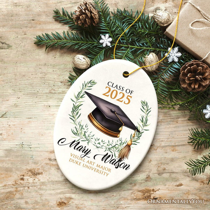 Customized Student Name and Graduation Cap Ornament, University School Graduate Gift Ceramic Ornament OrnamentallyYou Oval