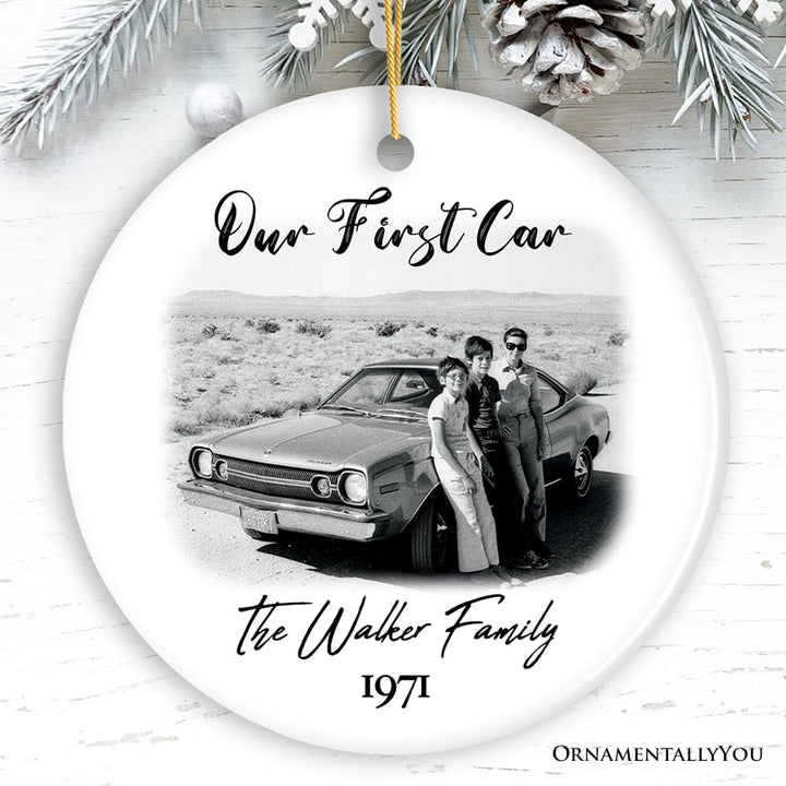 Personalized First Car Photo Ornament, New Driver Picture Custom Christmas Family Gift Ceramic Ornament OrnamentallyYou Circle