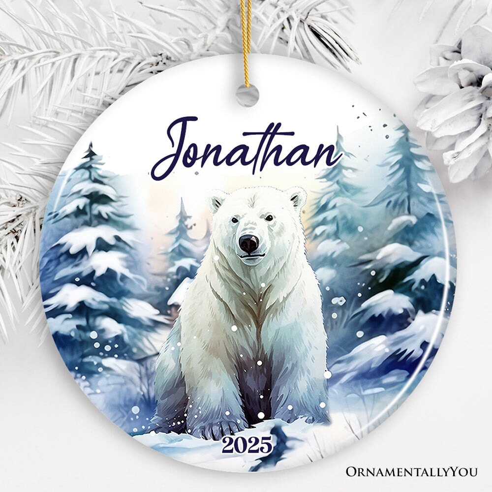 Polar Bear Personalized Ornament, Splendid Frozen Dreams Christmas Gift With Custom Name and Date Ceramic Ornament OrnamentallyYou Circle