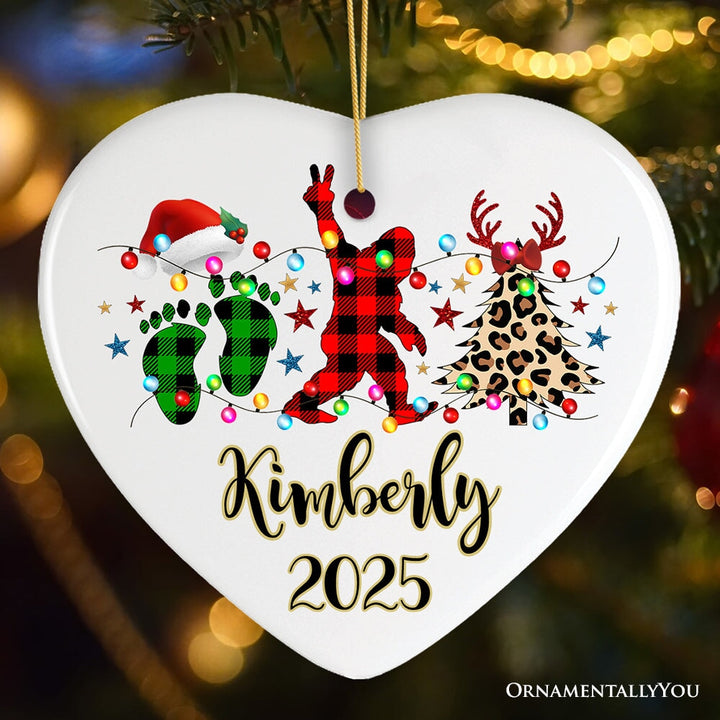 Personalized Bigfoot Buffalo Plaid Christmas Ornament, Sasquatch Holiday Decoration Ceramic Ornament OrnamentallyYou Heart