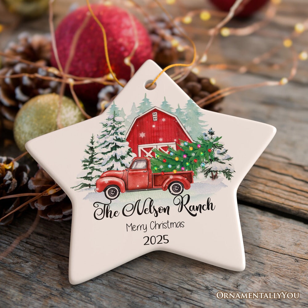 First Christmas on The Farm Personalized Ornament, Red Truck Housewarming Family Gift Ceramic Ornament OrnamentallyYou Star