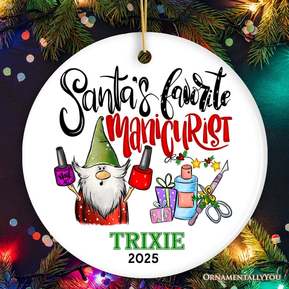 Glamorous Santa's Favorite Manicurist Nail Art Personalized Christmas Ornament, Beauty Artist Appreciation Gift Ceramic Ornament OrnamentallyYou Circle