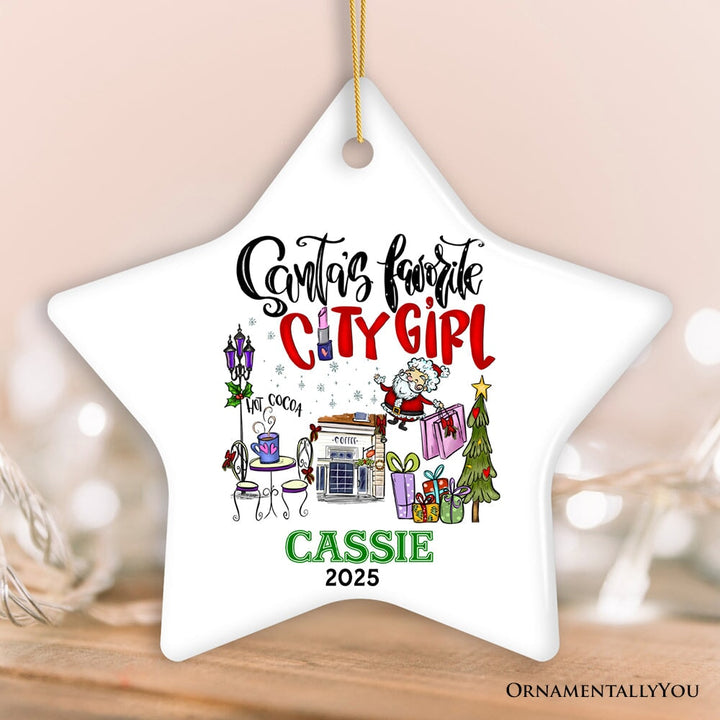Fashion Santa's Favorite City Girl Personalized Christmas Ornament, Adventurous Urban Lifestyle Custom Gift Ceramic Ornament OrnamentallyYou Star