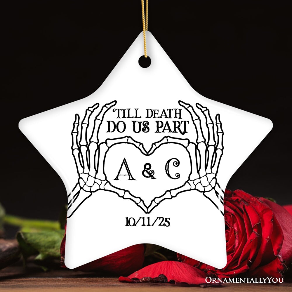 Minimalist Skeleton Couple Personalized Ornament, Spooky Wedding Keepsake Gift Ceramic Ornament OrnamentallyYou Star