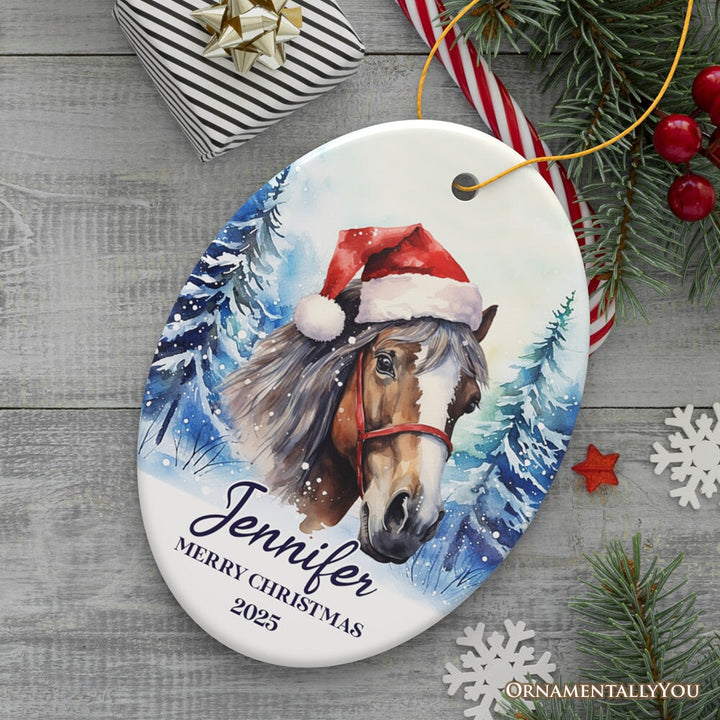 Horse with Santa Hat Personalized Ornament, Winter Forest Christmas Gift With Custom Name and Date Ceramic Ornament OrnamentallyYou Oval