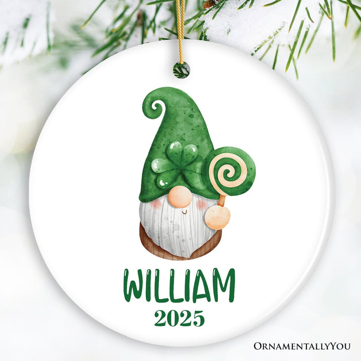 St Patrick’s Day Custom Gnome Tree Ornament, Name for St Pattys Ceramic Ornament OrnamentallyYou Circle