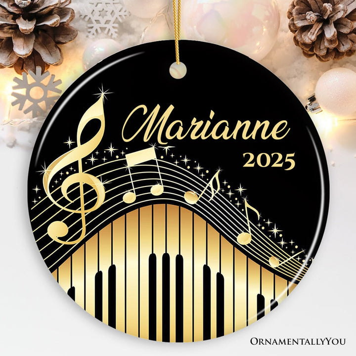 Elegant Gold Music Note Piano Keys Personalized Ornament, Customizable Music Teacher Student Keepsake Gift Ceramic Ornament OrnamentallyYou Circle
