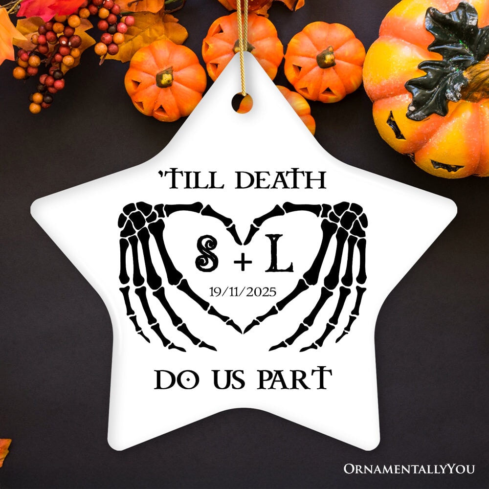 Gothic Skeleton Wedding Personalized Ornament, Til Death Do Us Part Monogram Keepsake Ceramic Ornament OrnamentallyYou Star