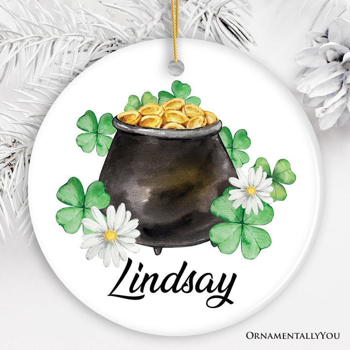 Customized St Patrick’s Day Mini Ornament with Pot of Gold and Custom Name, Irish Gift Ceramic Ornament OrnamentallyYou Circle