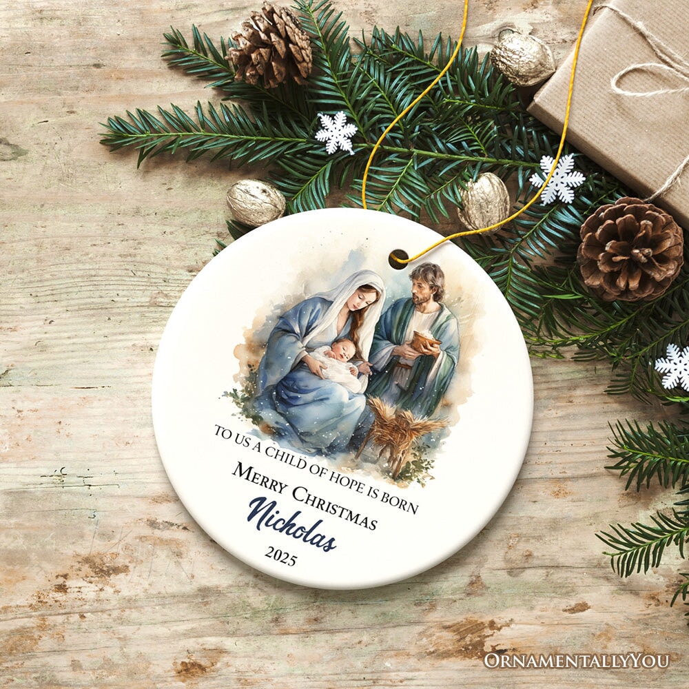 Watercolor Christmas Nativity Scene Personalized Ornament, Christian Holiday Gift Ceramic Ornament OrnamentallyYou Circle