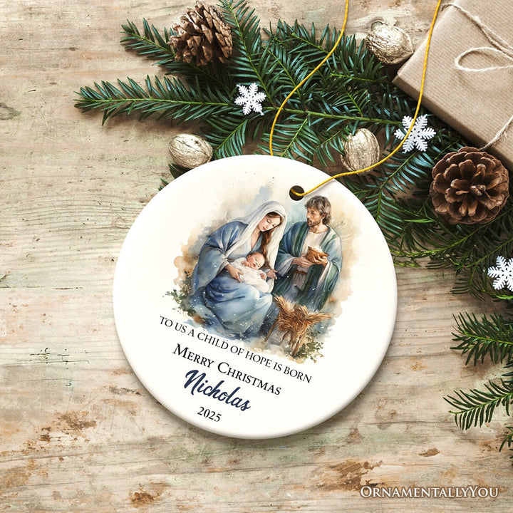 Watercolor Christmas Nativity Scene Personalized Ornament, Christian Holiday Gift Ceramic Ornament OrnamentallyYou Circle