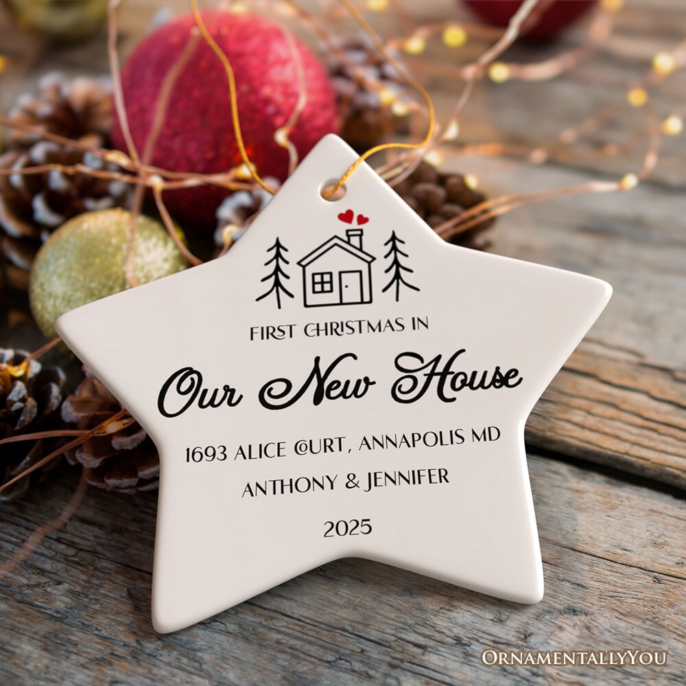 Minimalist First Christmas in Our New Home Personalized Ornament Ceramic Ornament OrnamentallyYou Star