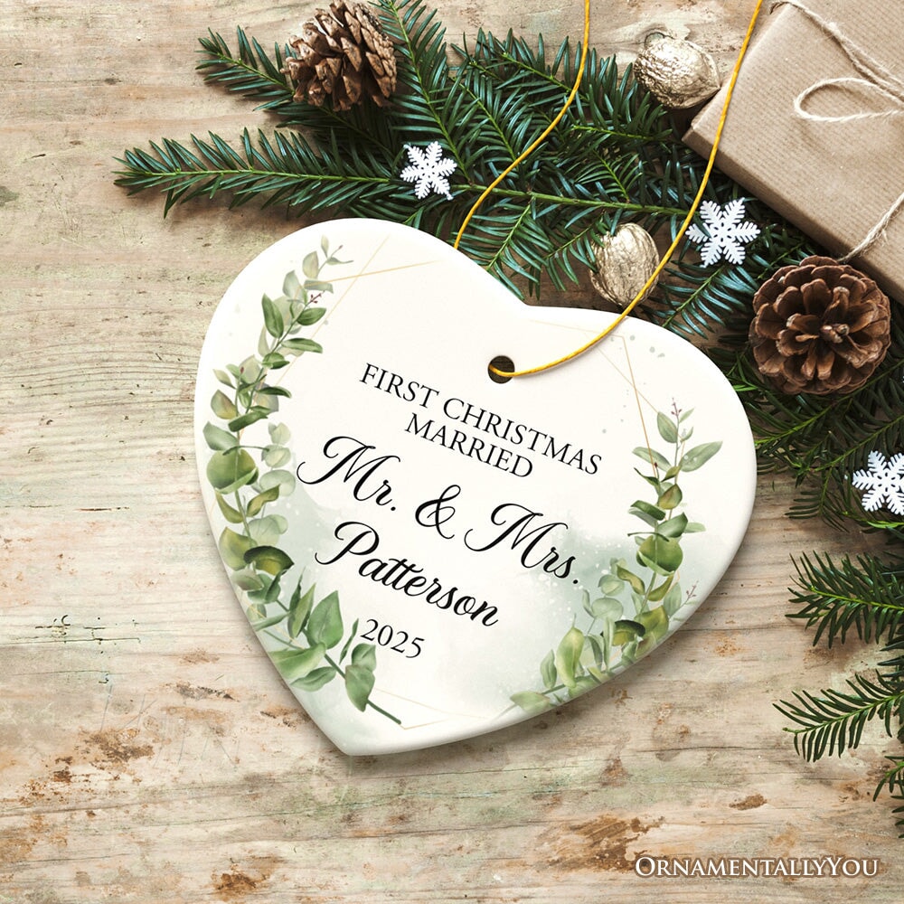 Personalized First Christmas Married as Mr and Mrs Ornament, Elegant Gift with Custom Last Name Ceramic Ornament OrnamentallyYou Heart