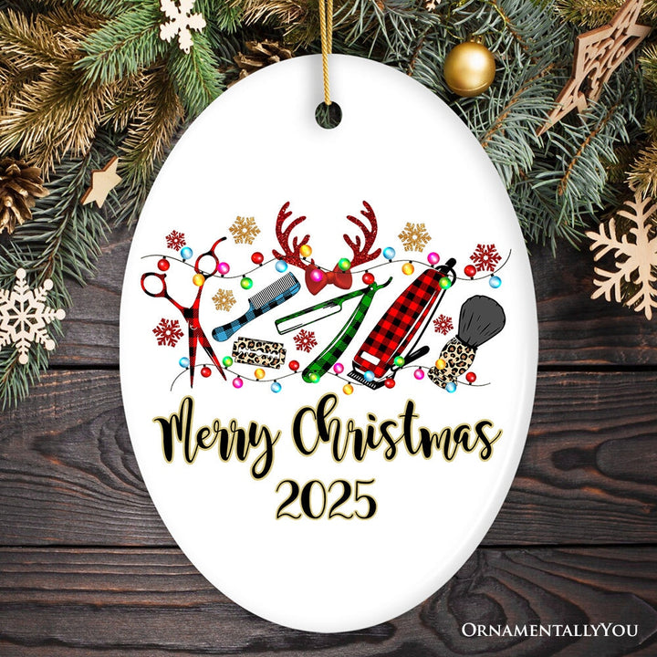 Personalized Barber Buffalo Plaid Leopard Merry Christmas Ornament, Barbershop Gift Ceramic Ornament OrnamentallyYou Oval