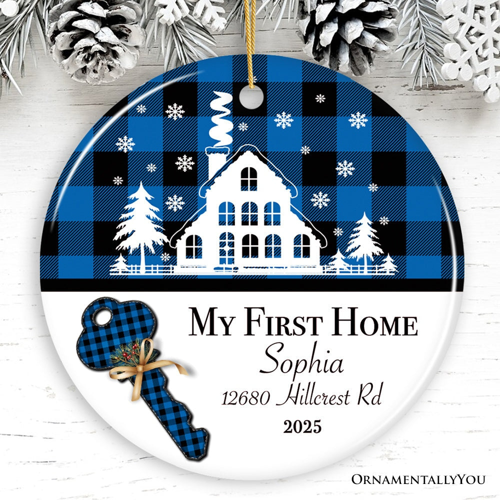 My First Home Christmas Ornament, Plaid Red, Blue, Green, and Black Ceramic Ornament OrnamentallyYou