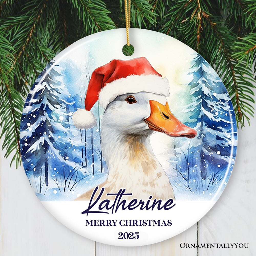 Goose with Santa Hat Personalized Ornament, Winter Forest Christmas Gift With Custom Name and Date Ceramic Ornament OrnamentallyYou Circle