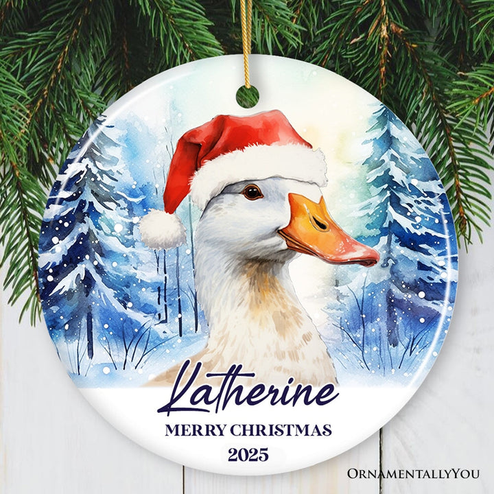 Goose with Santa Hat Personalized Ornament, Winter Forest Christmas Gift With Custom Name and Date Ceramic Ornament OrnamentallyYou Circle