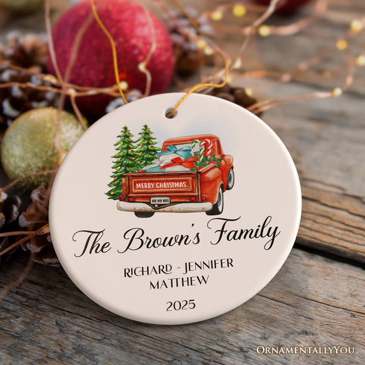 Personalized Family Christmas Ornament With Red Truck, Custom Name For All Family Members Ceramic Ornament OrnamentallyYou
