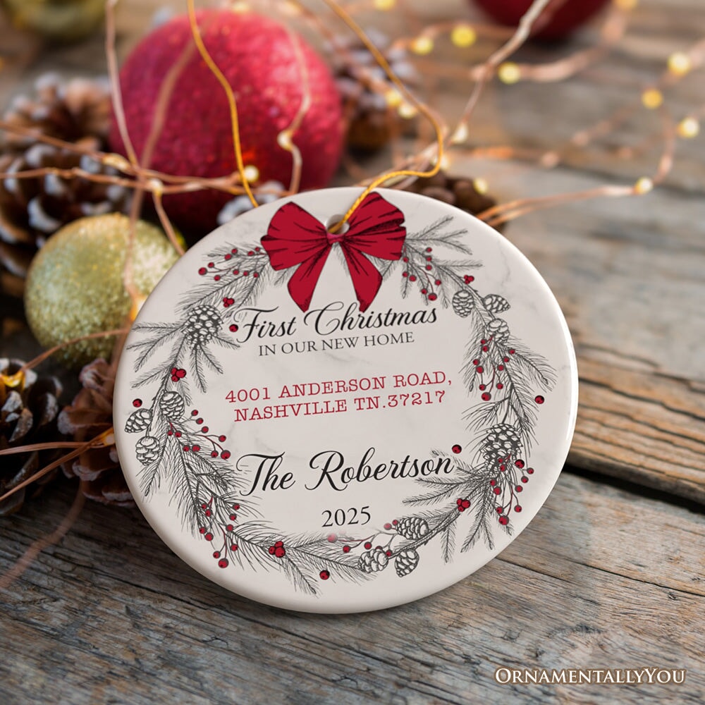 New Home Personalized Christmas Ornament, Family Gift With Custom Address and Last Name Ceramic Ornament OrnamentallyYou
