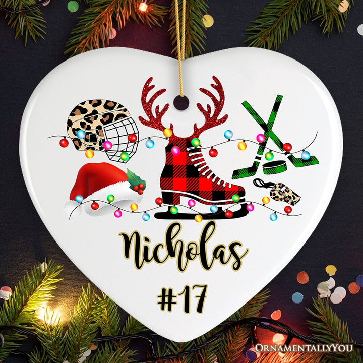 Personalized Hockey Buffalo Plaid Leopard Merry Christmas Ornament, Team and Coaches Gift Ceramic Ornament OrnamentallyYou Heart