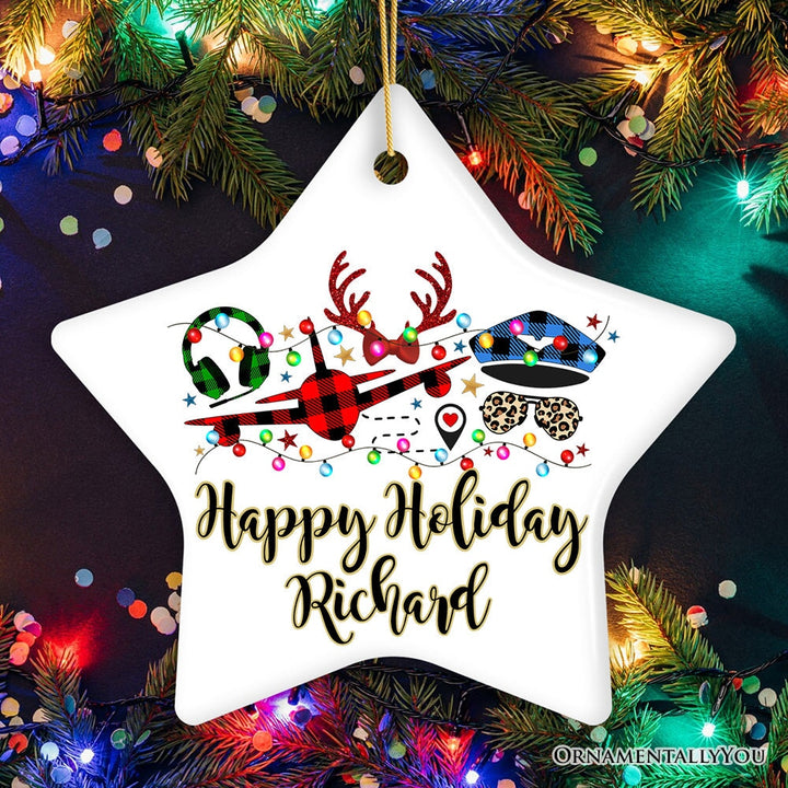 Personalized Airplane Pilot Buffalo Plaid Christmas Ornament, Flight Aircraft Crew Gift Holiday Decoration Ceramic Ornament OrnamentallyYou Star