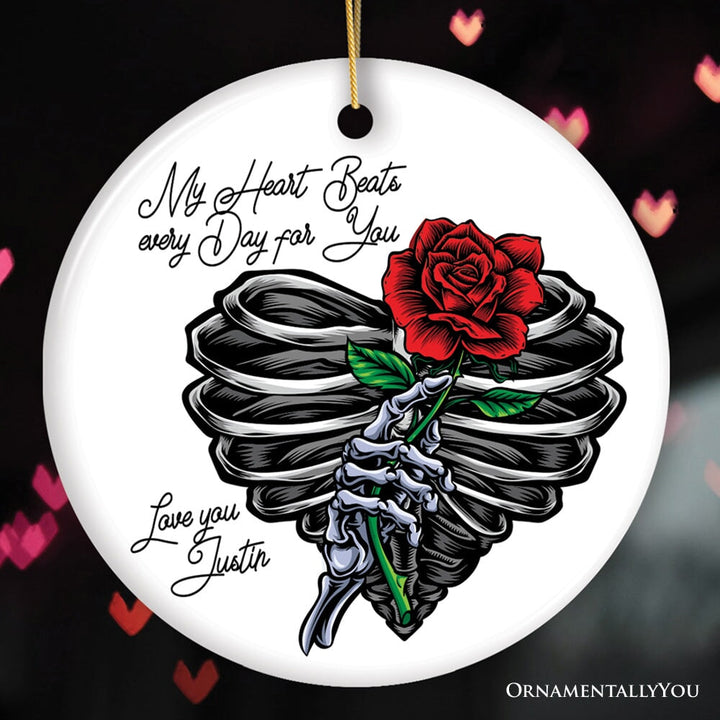 Skeleton Rose Heart Valentine Custom Ornament, My Heart Beats Every Day for You Personalized Name Gift Ceramic Ornament OrnamentallyYou Circle