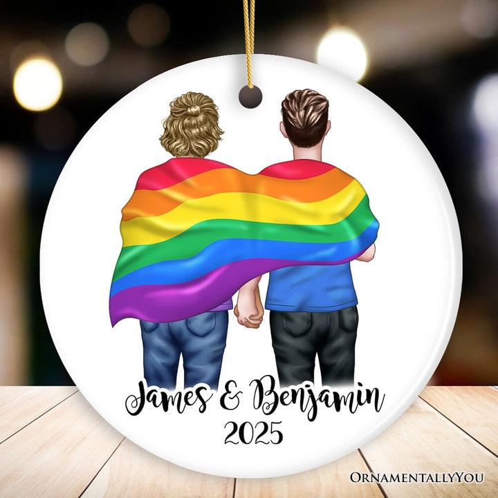 Pride Mens Couple Rainbow Flag Customized Christmas Ornament, LGBT and Gay Activism Ceramic Ornament OrnamentallyYou Circle