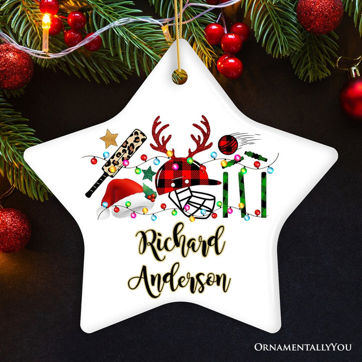 Personalized Cricket Buffalo Plaid Leopard Merry Christmas Ornament, Team and Coaches Gift Ceramic Ornament OrnamentallyYou Star