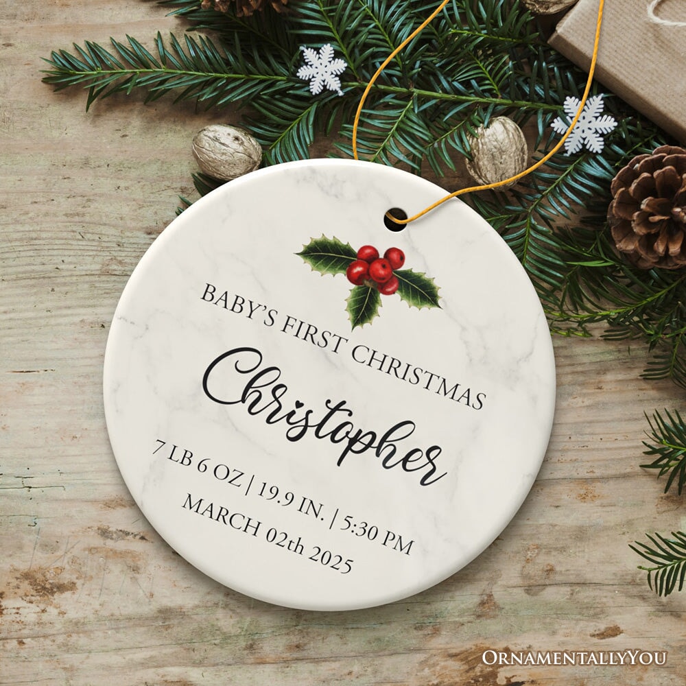 Minimalist First Baby Christmas Personalized Ornament with Date, Time, and Weight Ceramic Ornament OrnamentallyYou