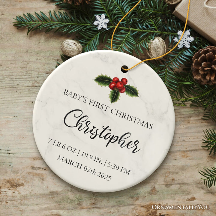 Minimalist First Baby Christmas Personalized Ornament with Date, Time, and Weight Ceramic Ornament OrnamentallyYou