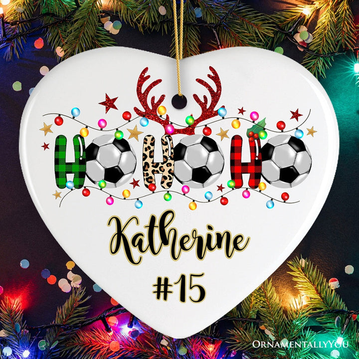 Personalized Soccer Buffalo Plaid and Leopard Christmas Ornament, Ho Ho Ho Football Gift Ceramic Ornament OrnamentallyYou Heart