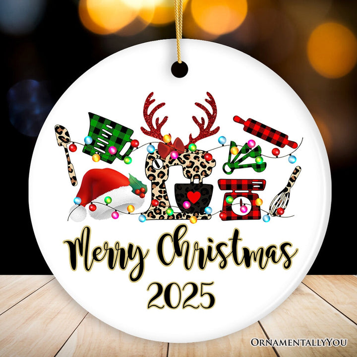 Personalized Baker Buffalo Plaid Leopard Merry Christmas Ornament, Baking Gift Ceramic Ornament OrnamentallyYou Circle