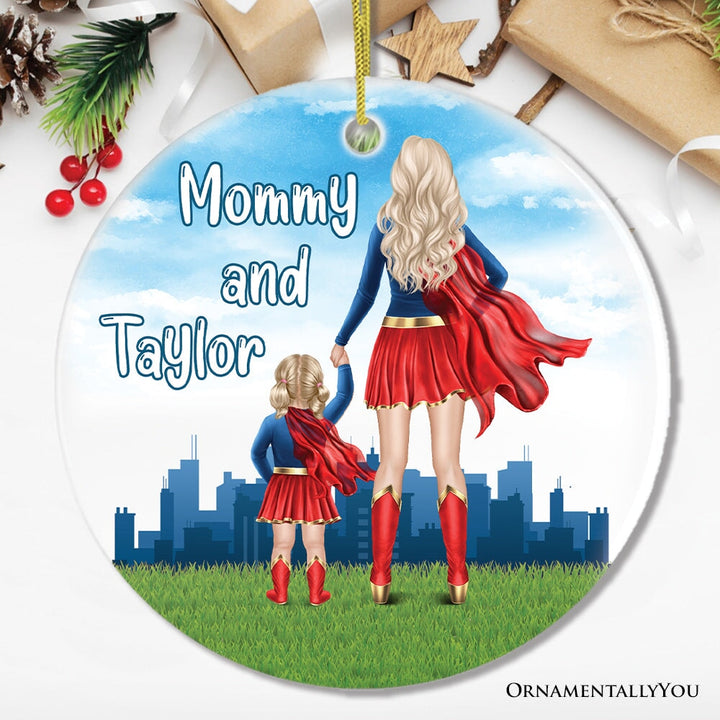 Superhero Mom and Daughter Personalized Ornament, Wonder Woman Christmas Gift for Mother with Child Ceramic Ornament OrnamentallyYou Circle