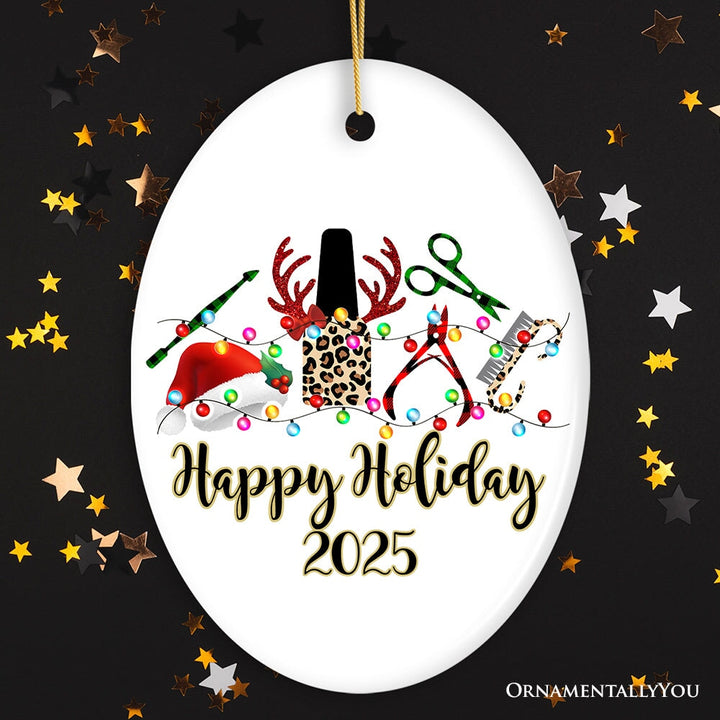Personalized Nail Tech Buffalo Plaid Leopard Merry Christmas Ornament, Pedicure Gift Ceramic Ornament OrnamentallyYou Oval