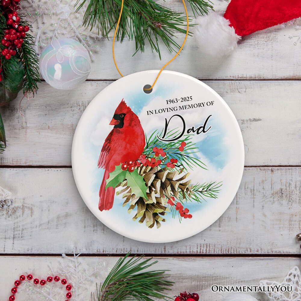 Personalized Cardinal Memorial Ornament, In Loving Memory of Deceased Loved Ones with Dates Ceramic Ornament OrnamentallyYou