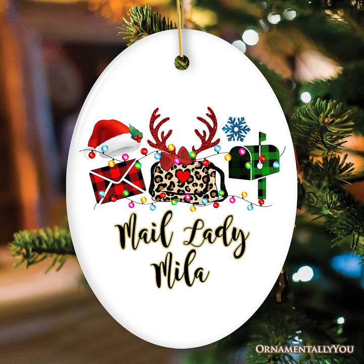 Personalized Postal Worker Buffalo Plaid Leopard Merry Christmas Ornament Gift Ceramic Ornament OrnamentallyYou Oval